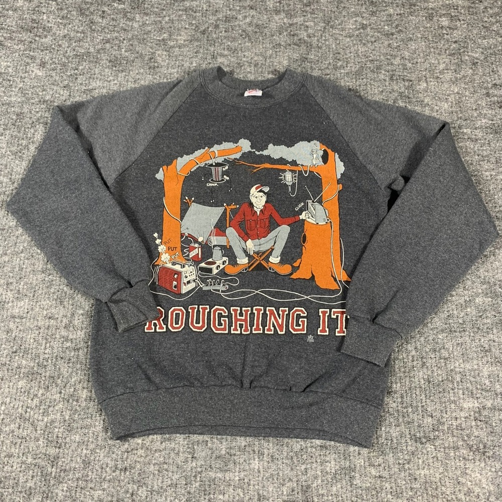 Vintage Jerzees‎ Sweatshirt Mens Medium Gray Roughing It Funny Camping 80s USA